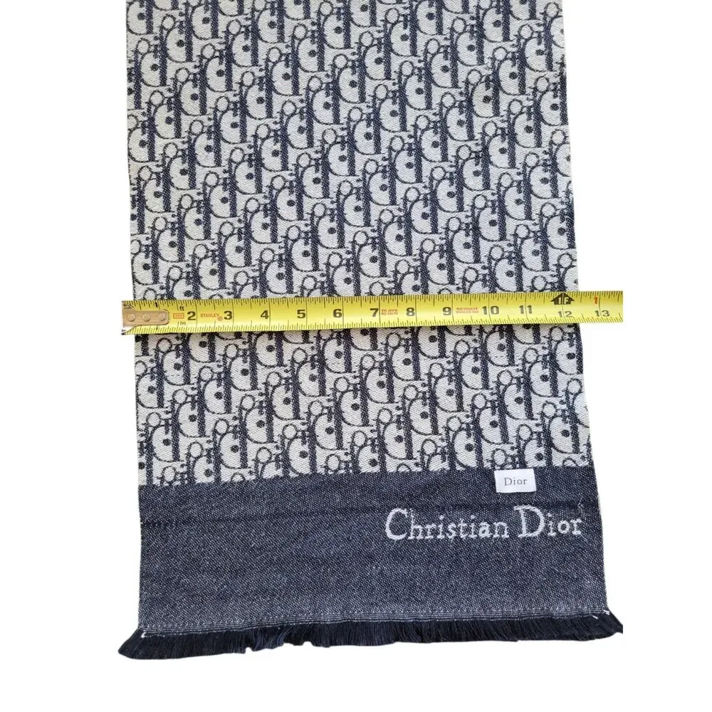 Christian Dior MONOGRAM Oblique 100% Cashmere Scarf Navy Blue & Cream 74